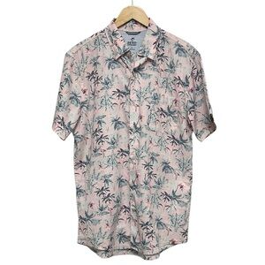 Izod Pink Short-Sleeve Tropical Button-Up Shirt PalmTrees Flamingos‎ Size Large